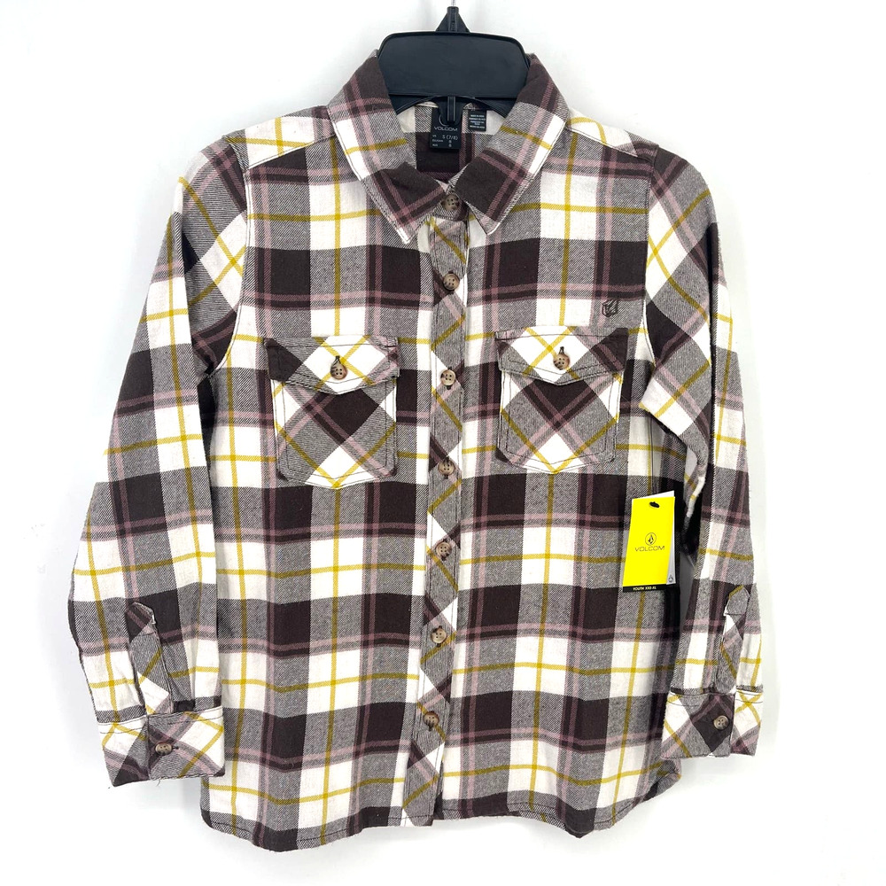 Volcom Getting Rad Plaid Flannel Shirt Girls Size Medium 8 10 Brown Gold